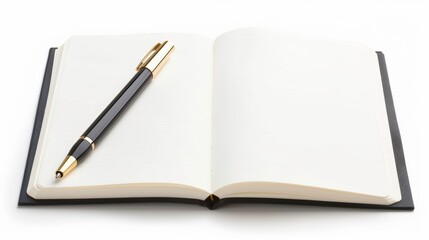 Open Blank Notebook with Black and Gold Pen on White Background - Perfect for Writing, Journaling, and Note-Taking