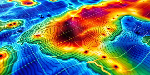 Heatmap Topography: Abstract, vivid, and mesmerizing, this heatmap topography image uses a vibrant color palette to depict complex terrain. The intricate lines and contours create a sense of depth and