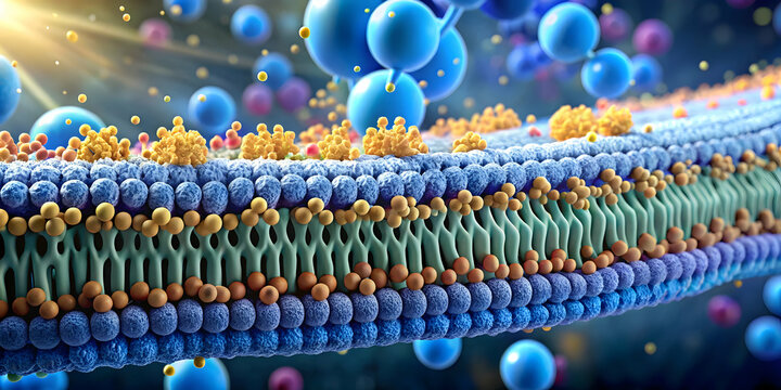 Cellular Highway: A vibrant, 3D rendering of a cell membrane, showcasing its intricate structure and the bustling activity of molecules traversing its surface. 