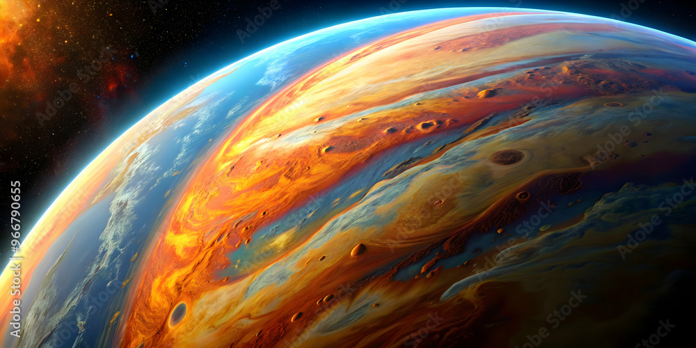 Wall mural Inferno Planet: A fiery gas giant rages with swirling storms and volcanic plumes, a mesmerizing spectacle of cosmic power.