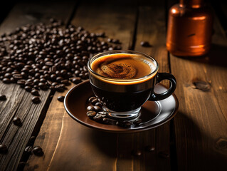 Excellent Cup of coffee, three coffeepots, cinnamon, anise, coffee beans on a wooden tray