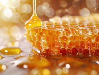 Fresh honey dripping from a honeycomb, honeycomb, sweet freshness