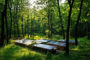 Solar panels installed in the green forest Clean alternative energy concept. Environment, solar energy, generator, ai