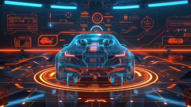 Futuristic car model in a high-tech environment, glowing with blue and orange lights. - Powered by Adobe