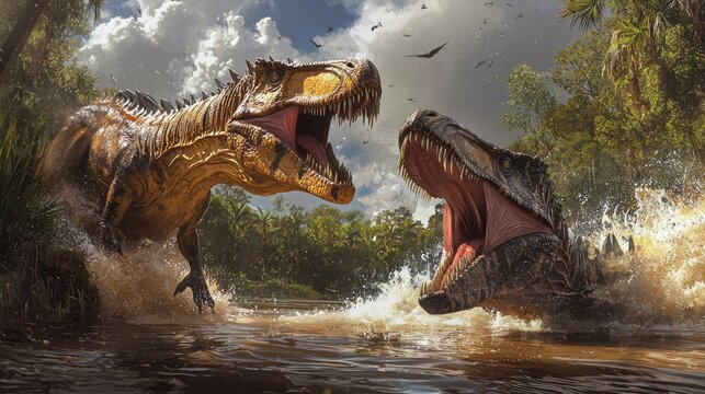 Two Dinosaurs Clashing in a River  Prehistoric Fight Scene