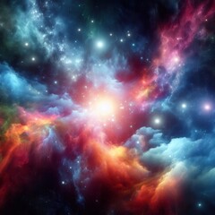 cosmic scene featuring vibrant, contrasting colors of nebulae, stars, and other celestial elements, ensuring the central focus is free for text or additional imagery