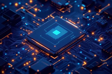 AI chip background with blue circuit light elements on technology dark background. Circuit board, AI semiconductor and computer processor. Abstract polygonal microchip. with generative ai