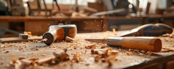 Carpenters workbench with neatly arranged tools, sawdust and wood shavings