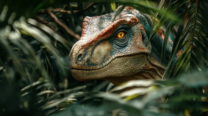 Dinosaur Eye Peeking Through Jungle Foliage