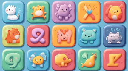 Obraz premium Cartoonish icon set for a kids learning app, featuring bright and fun icons of alphabets, numbers, and animals with a playful design. 