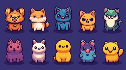 Obraz premium Colorful 2D icon set for a pet care app, featuring icons for different types of pets like dogs, cats, and birds with bright and playful designs. 
