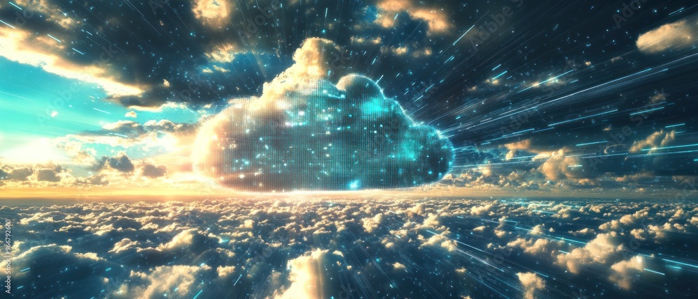 Poster digital cloud computing and data storage concept illustration