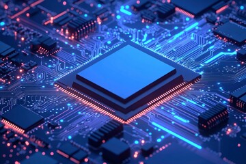 Fototapeta premium AI chip background with blue circuit light elements on technology dark background. Circuit board, AI semiconductor and computer processor. Abstract polygonal microchip. with generative ai