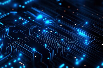 Fototapeta premium AI chip background with blue circuit light elements on technology dark background. Circuit board, AI semiconductor and computer processor. Abstract polygonal microchip. with generative ai