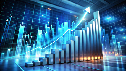 3D bar chart illustration of city skyline with upward arrow, representing business growth and market success