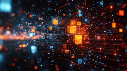 Abstract Digital Network with Glowing Cubes and Lines