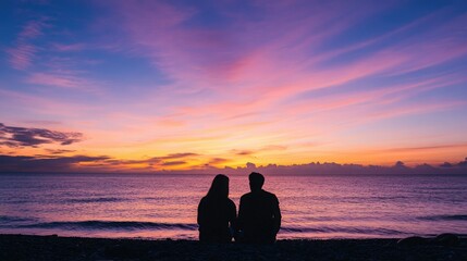 Couple in love sitting on a beach watching sunset together, silhouettes against a colorful sky, peaceful and romantic