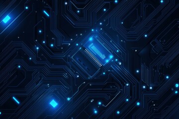AI chip background with blue circuit light elements on technology dark background. Circuit board, AI semiconductor and computer processor. Abstract polygonal microchip. with generative ai