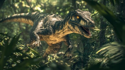 Obraz premium Raptor Dinosaur in Lush Jungle