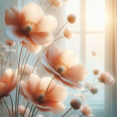 serene and elegant image featuring delicate peach-colored flowers, with soft petals and prominent stamens, blooming against a backdrop of a sunlit window