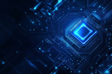 AI chip background with blue circuit light elements on technology dark background. Circuit board, AI semiconductor and computer processor. Abstract polygonal microchip. with generative ai