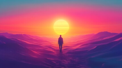 Fototapeta premium Silhouette of a Person Standing in a Mountainous Landscape with a Large Sun in the Sky