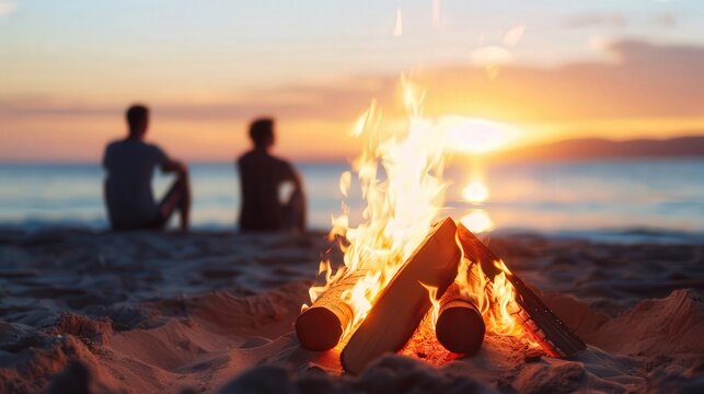 Diverse friends enjoying a beach bonfire at sunset, beach party, summer vibes, Celebration of friendship and fun