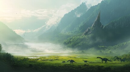 Obraz premium Prehistoric Valley Landscape with Dinosaurs and Fog