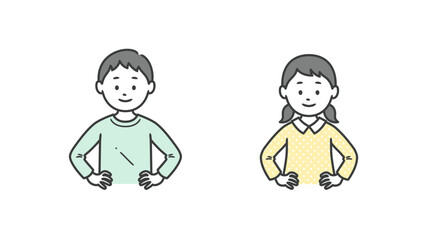 腰に手を当てて自信を見せる少年少女の上半身イラスト