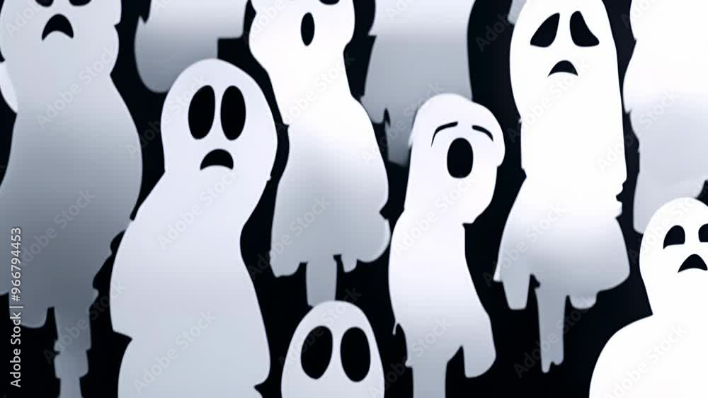 Poster Ghost-like figures with various expressions, spooky animation on dark background