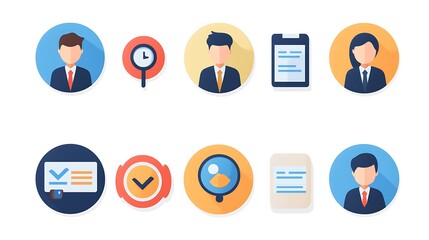 Fototapeta premium Flat vector icon set for a job search app, featuring icons for different types of job listings like full-time, part-time, and contract with a professional and clean design. 