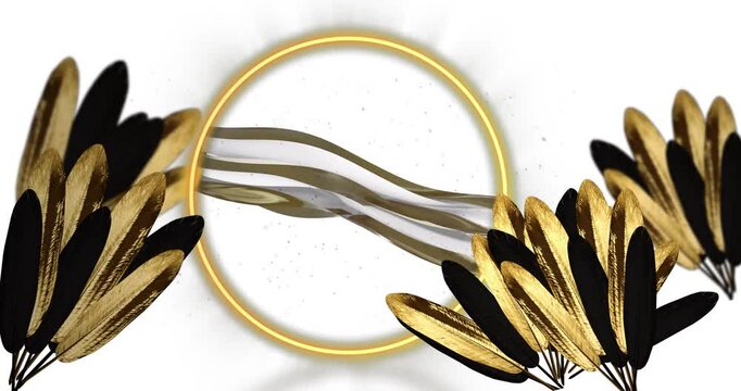 Animation of gold frame abd leaves over layers waving on white background