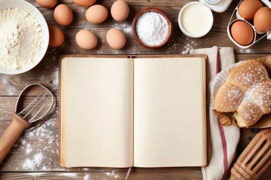 Wooden table with an open recipe book and baking ingredients, wooden table, culinary inspiration
