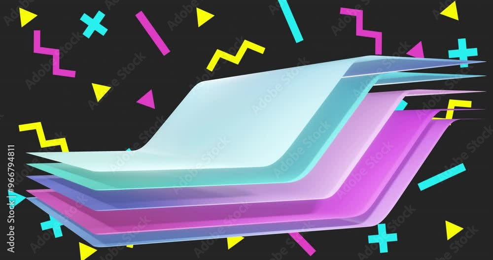 Poster Animation of multi coloured layers waving over abstract shapes on black background