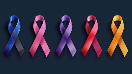 Cancer awareness ribbons in various colors, representing different types, flat design illustration