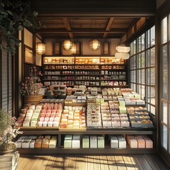 Traditional Japanese sweets shop with an array of colorful wagashi on display, Japanese food, cultural confectionery