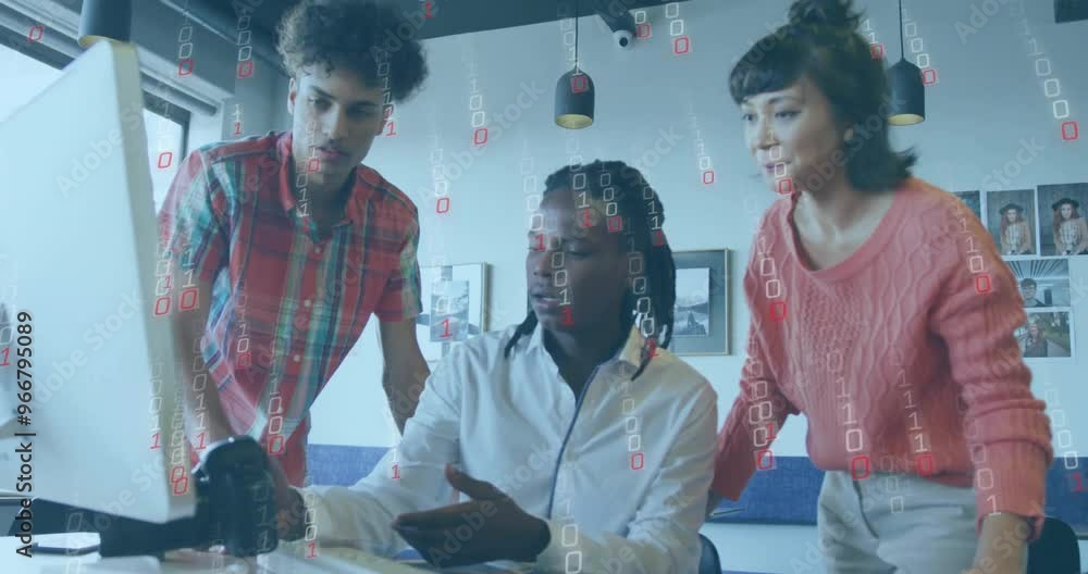 Poster animation of data processing over diverse colleagues working in office