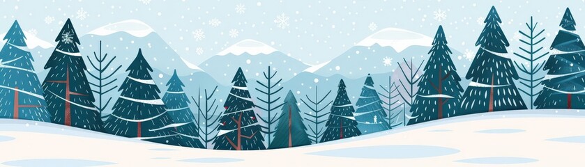 Obraz premium Winter landscape, snowy trees and hills, flat design illustration