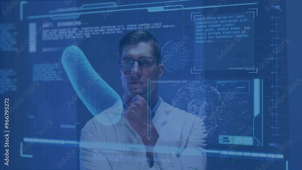 Poster animation of digital interface with data processing over caucasian scientist