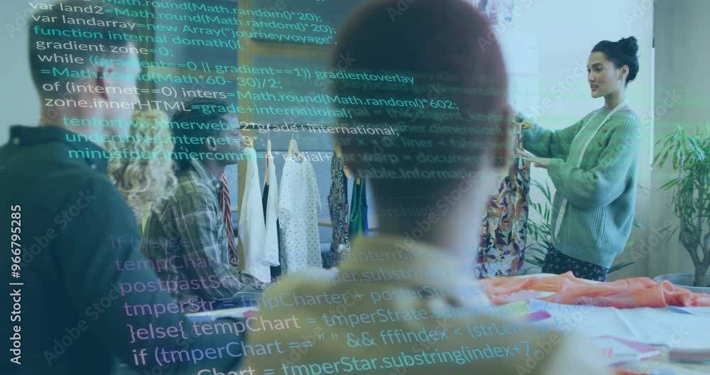 Aufkleber animation of data processing over diverse colleagues working in office