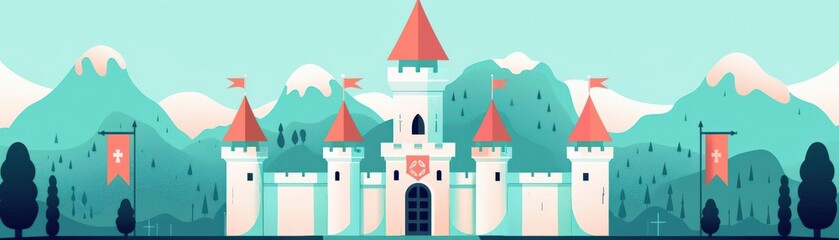 Medieval castle, knights and banners, flat design illustration
