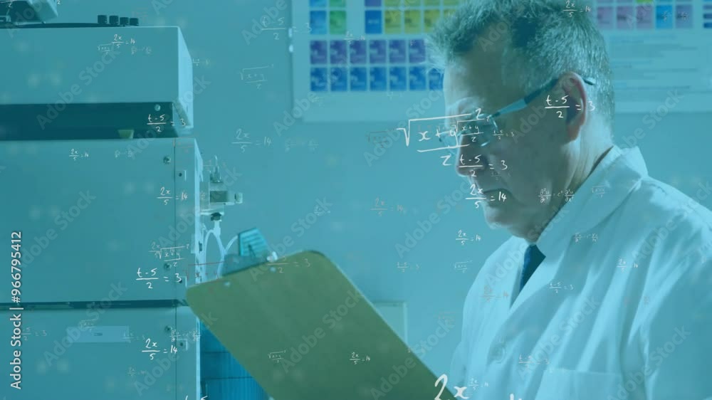 Poster animation of mathematical formula over caucasian male scientist working in lab