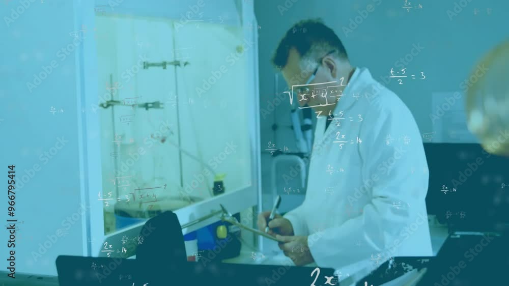 Poster animation of mathematical formula over caucasian male scientist working in lab
