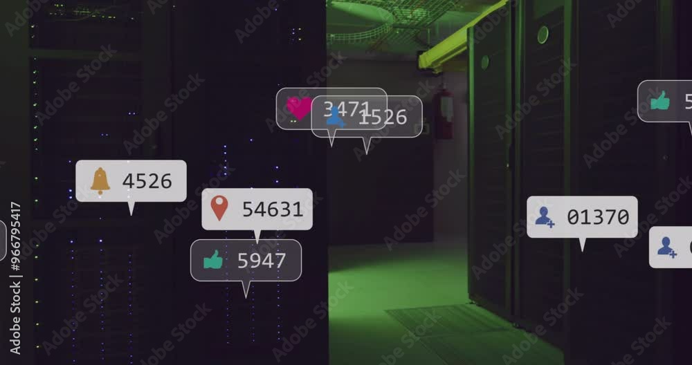 Sticker animation of digital icons and data processing over computer servers