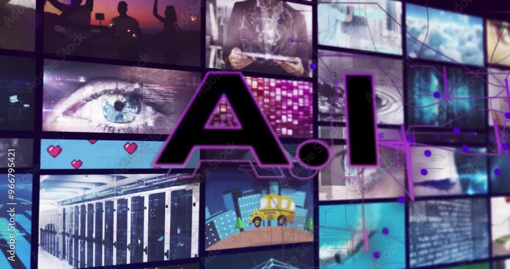 Aufkleber animation of ai text over digital interface with videos