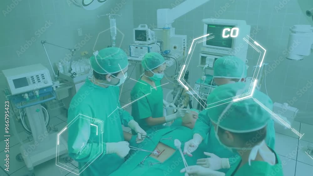 Poster animation of chemical formula with data processing over diverse surgeons in operating theatre