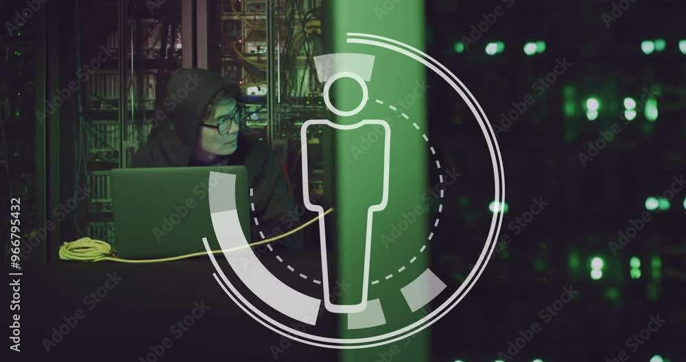 Poster animation of people icon and data processing over asian male hacker using laptop by computer servers