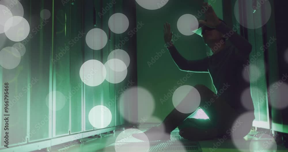 Poster animation of spots of light and data processing over asian man using vr headset by computer servers