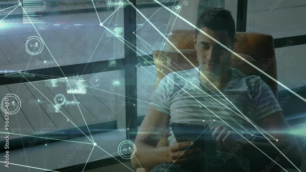 Poster animation of network of connections with data processing over biracial businessman using tablet