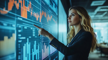 A woman pointing at a computer screen with a large number of graphs